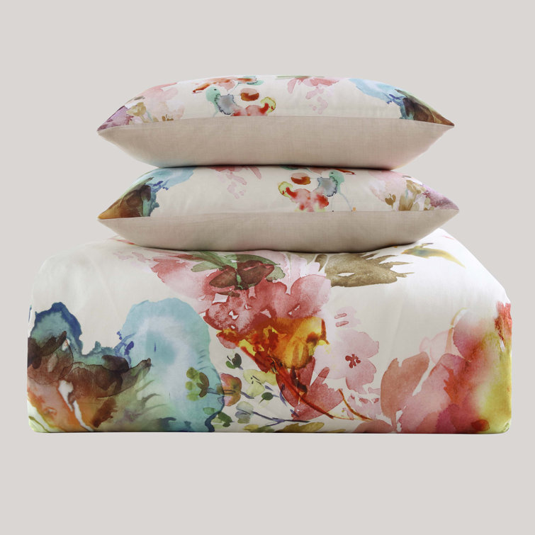 Ivory Floral Cotton Sateen Reversible Queen Comforter Set