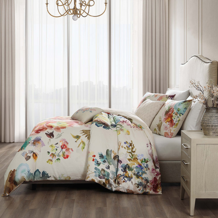 Ivory Floral Cotton Sateen Reversible Queen Comforter Set