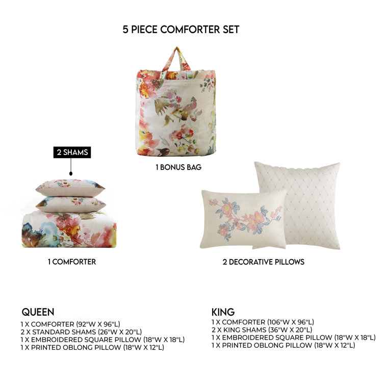 Ivory Floral Cotton Sateen Reversible Queen Comforter Set