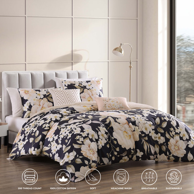 Blush Floral Cotton Reversible Full Comforter Set