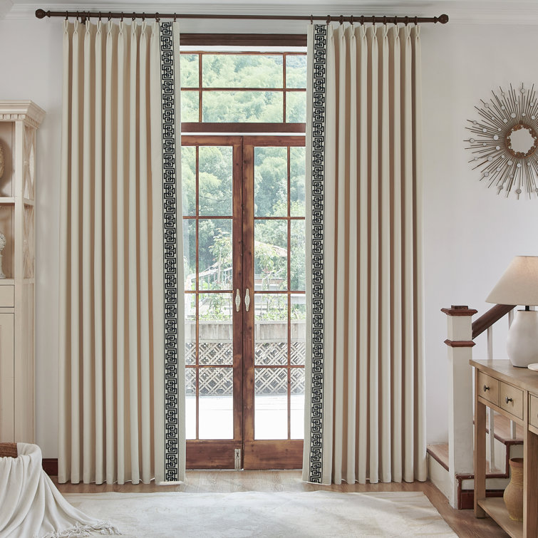 Beige Cotton Room Darkening Pleated Curtain Panels with Embroidery