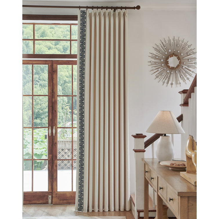 Beige Cotton Room Darkening Pleated Curtain Panels with Embroidery