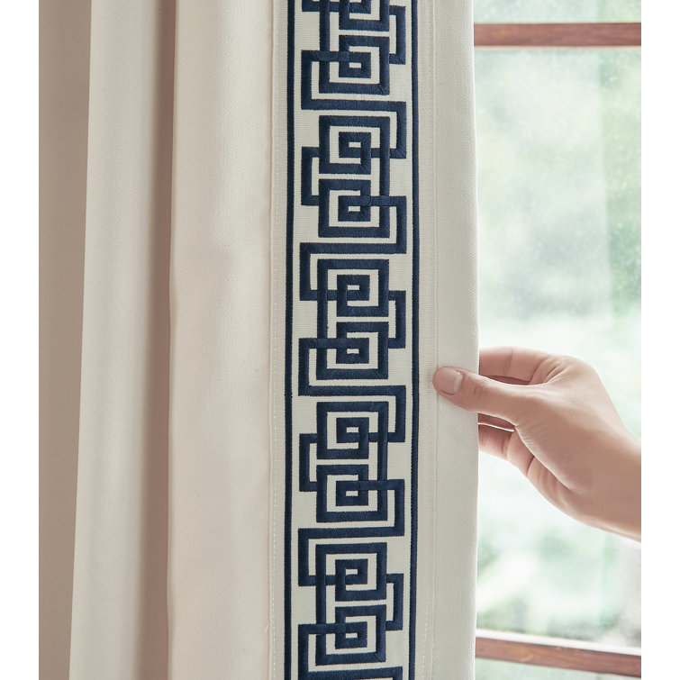Beige Cotton Room Darkening Pleated Curtain Panels with Embroidery