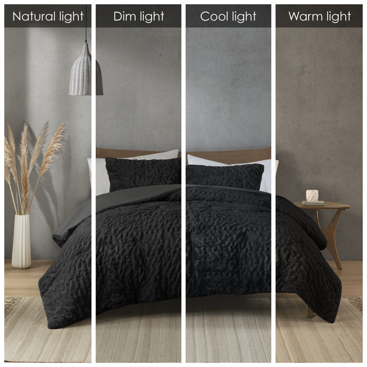 King Black Ruched Faux Fur Comforter Set