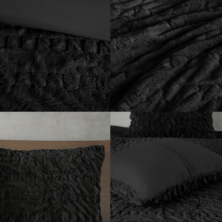 King Black Ruched Faux Fur Comforter Set