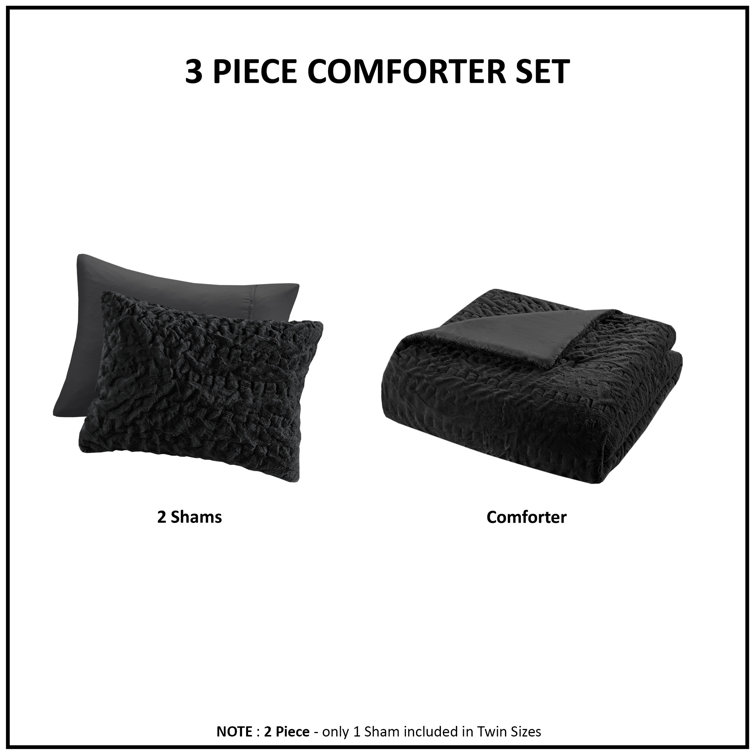 King Black Ruched Faux Fur Comforter Set