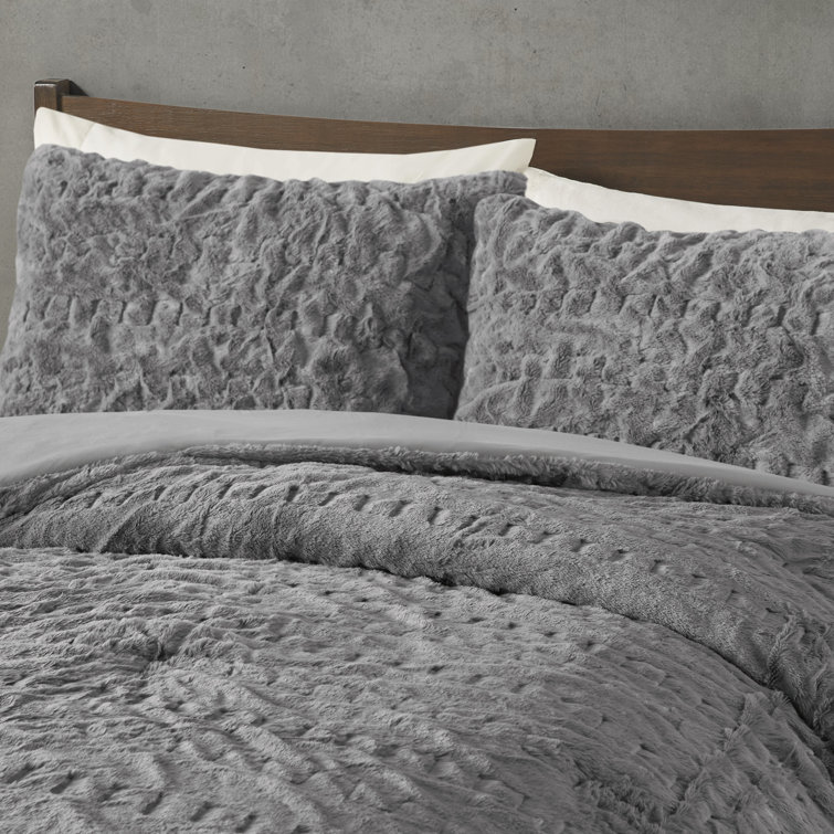 Gray King Ruched Faux Fur Down Alternative Comforter Set