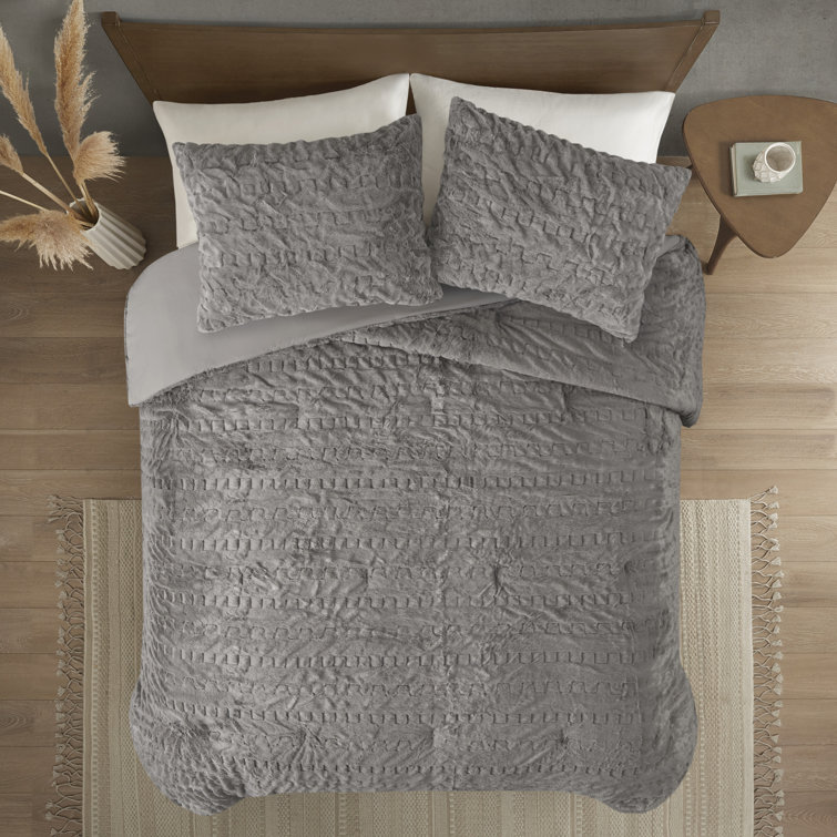 Gray King Ruched Faux Fur Down Alternative Comforter Set