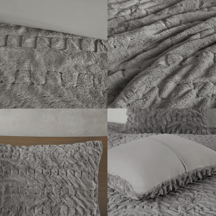 Gray King Ruched Faux Fur Down Alternative Comforter Set