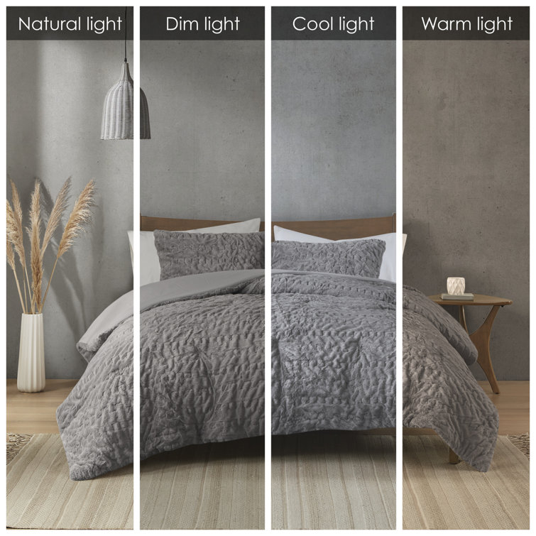 Gray King Ruched Faux Fur Down Alternative Comforter Set