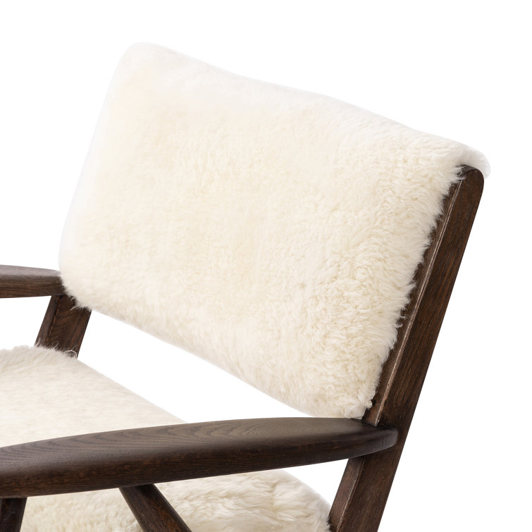 Cream Shearling Upholstered Armchair with Solid Wood Frame