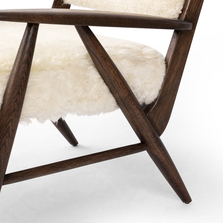 Cream Shearling Upholstered Armchair with Solid Wood Frame