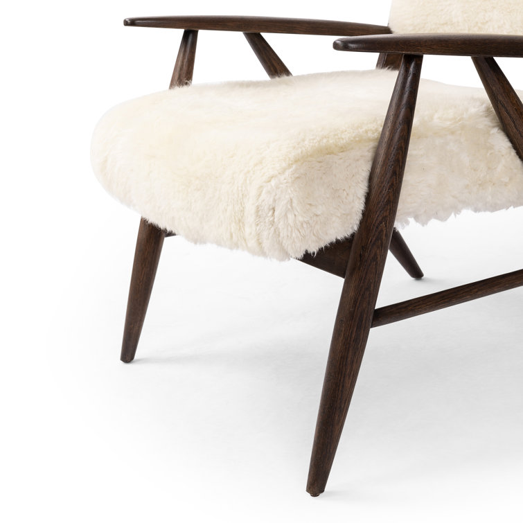 Cream Shearling Upholstered Armchair with Solid Wood Frame