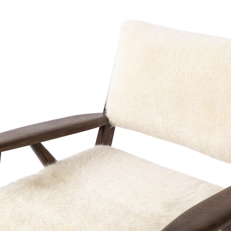 Cream Shearling Upholstered Armchair with Solid Wood Frame
