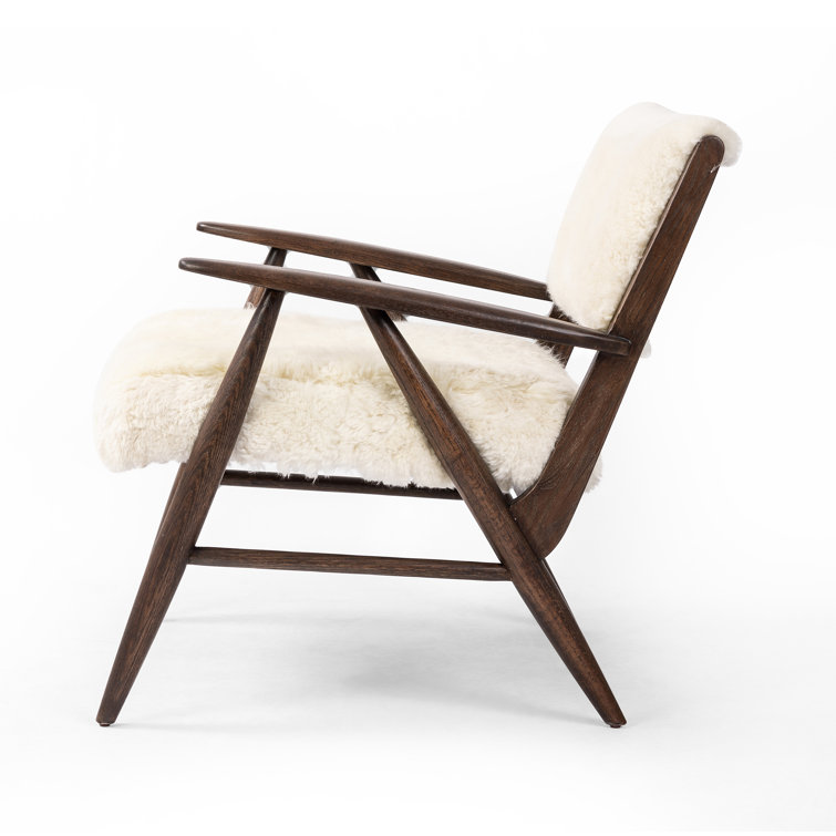 Cream Shearling Upholstered Armchair with Solid Wood Frame