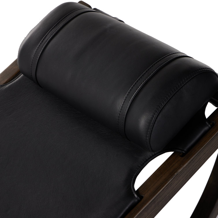 Black Leather and Wood Zero-Gravity Chaise Lounge
