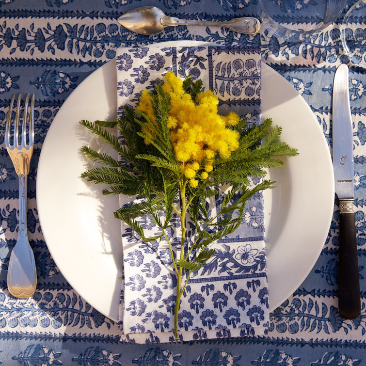 Blue Marine Floral Rectangular Fabric Tablecloth 71x128