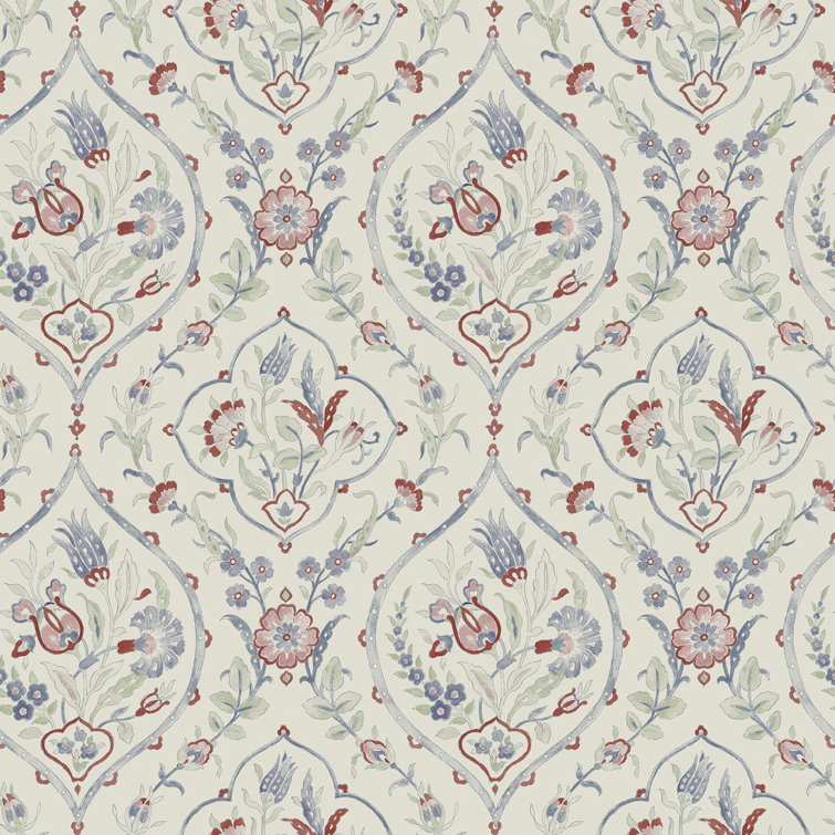 Crimson Red and Off-White Floral Damask Removable Wallpaper Roll
