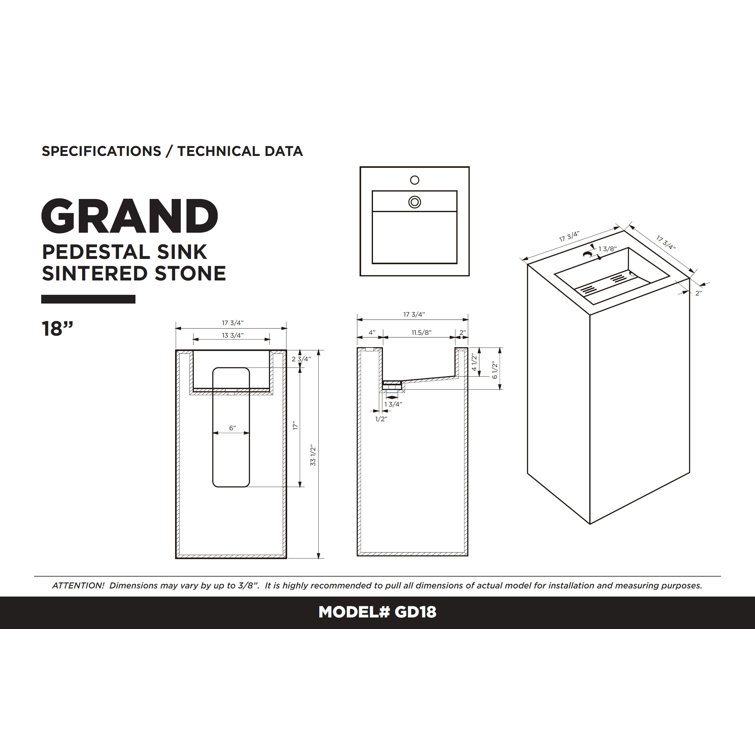 White Carrara Stone Square Pedestal Bathroom Sink