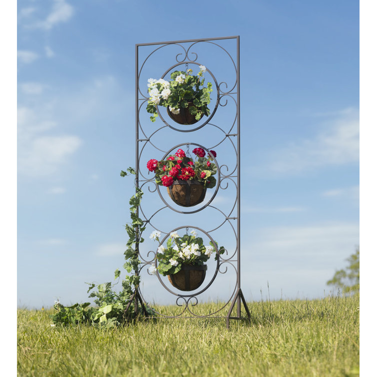 89" Tall Black Metal Trellis with Three Planters