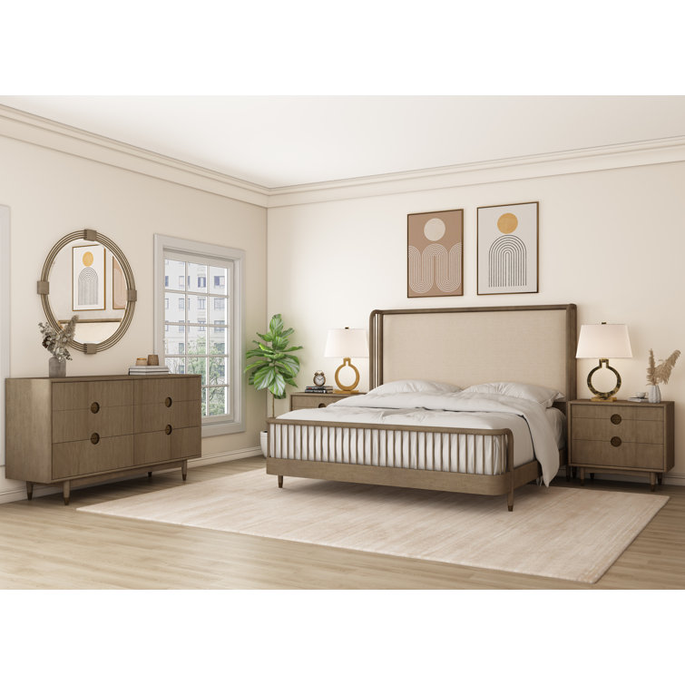 Beige Upholstered King Shelter Bed with Wood Frame