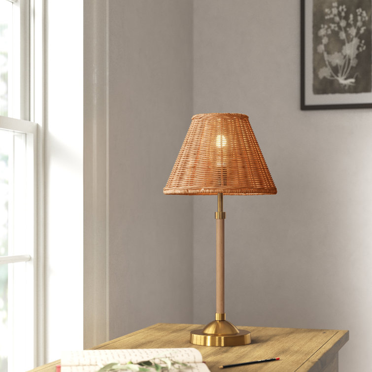 Tan Rattan Shade Gold Base Table Lamp
