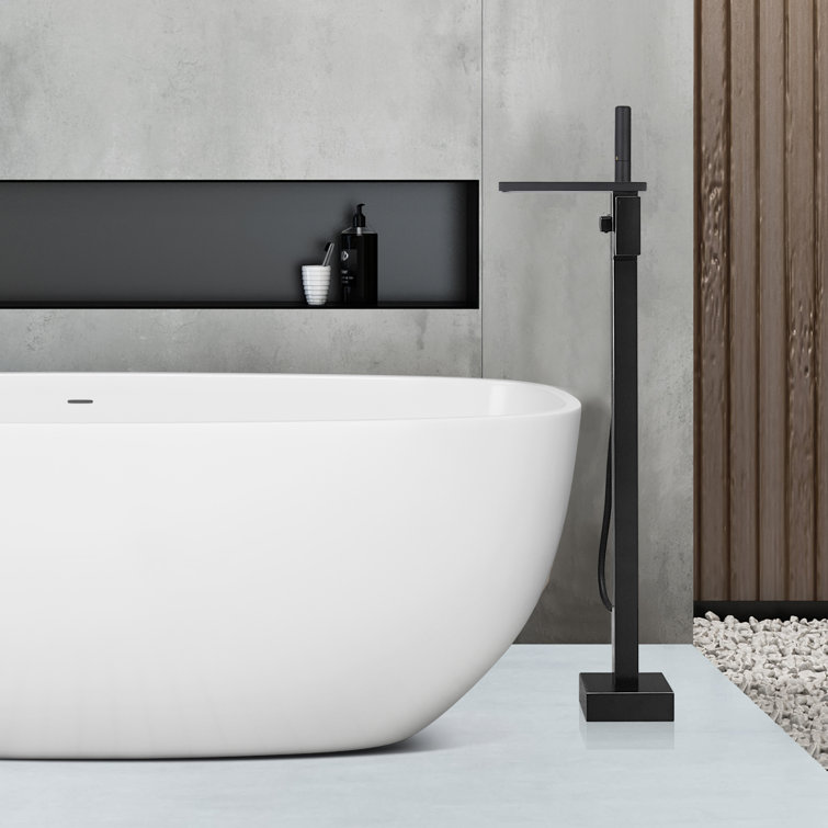 Matte Black Solid Brass Freestanding Tub Faucet with Hand Shower