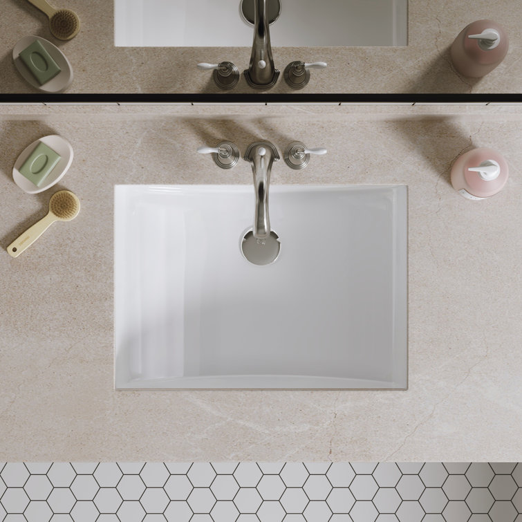 White Rectangular Ceramic Undermount Bathroom Sink with Overflow Hole