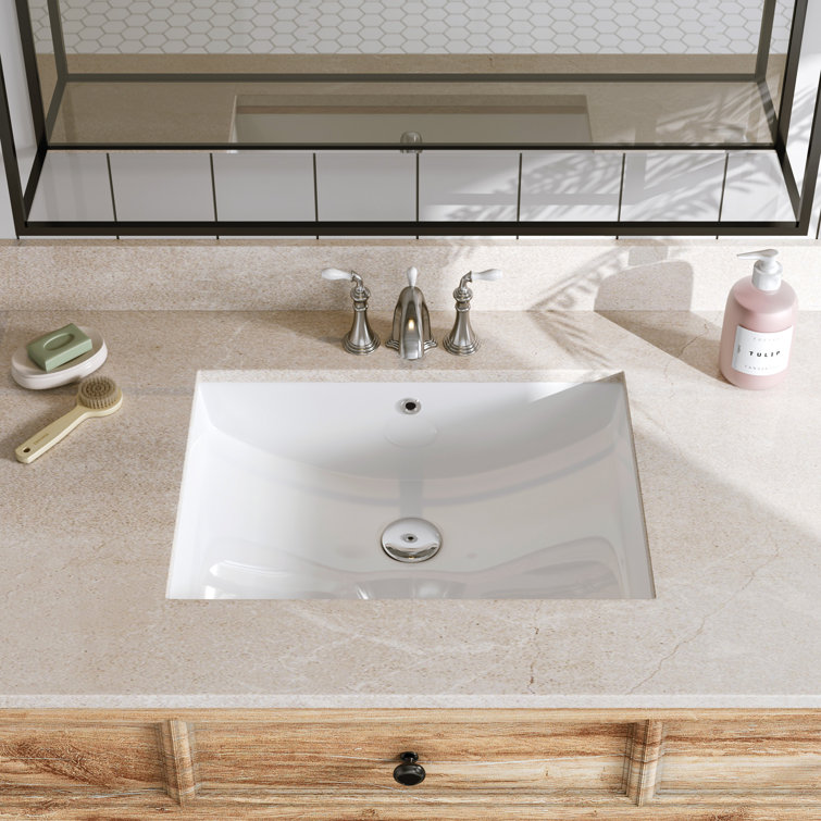 White Rectangular Ceramic Undermount Bathroom Sink with Overflow Hole