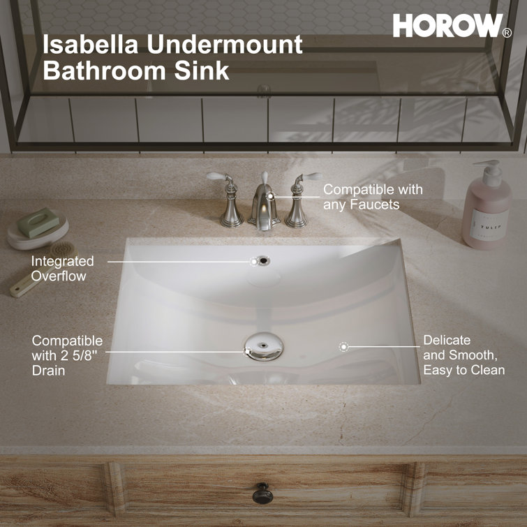 White Rectangular Ceramic Undermount Bathroom Sink with Overflow Hole