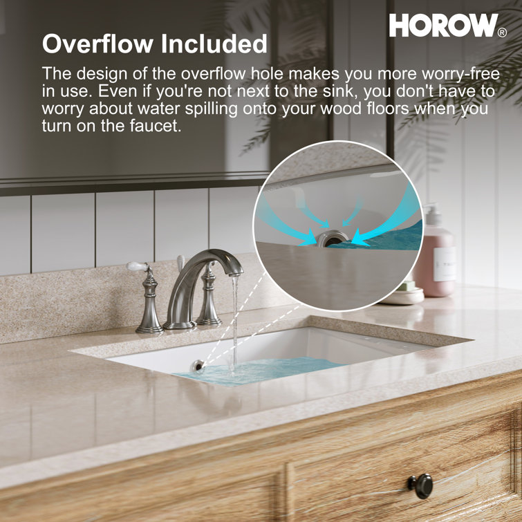 White Rectangular Ceramic Undermount Bathroom Sink with Overflow Hole