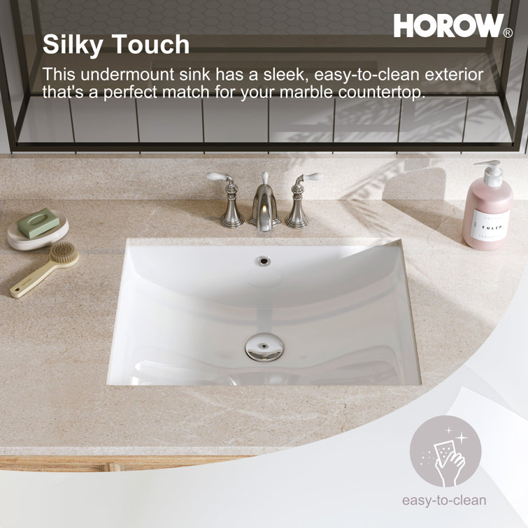 White Rectangular Ceramic Undermount Bathroom Sink with Overflow Hole