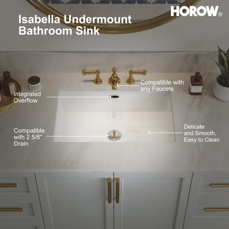 23.6" White Ceramic Undermount Rectangular Bathroom Sink with Overflow