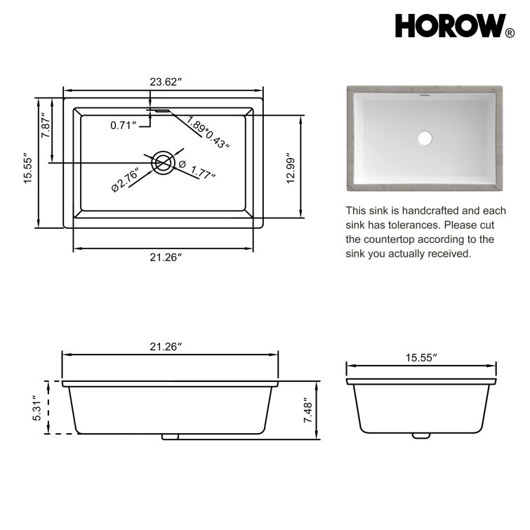 23.6" White Ceramic Undermount Rectangular Bathroom Sink with Overflow