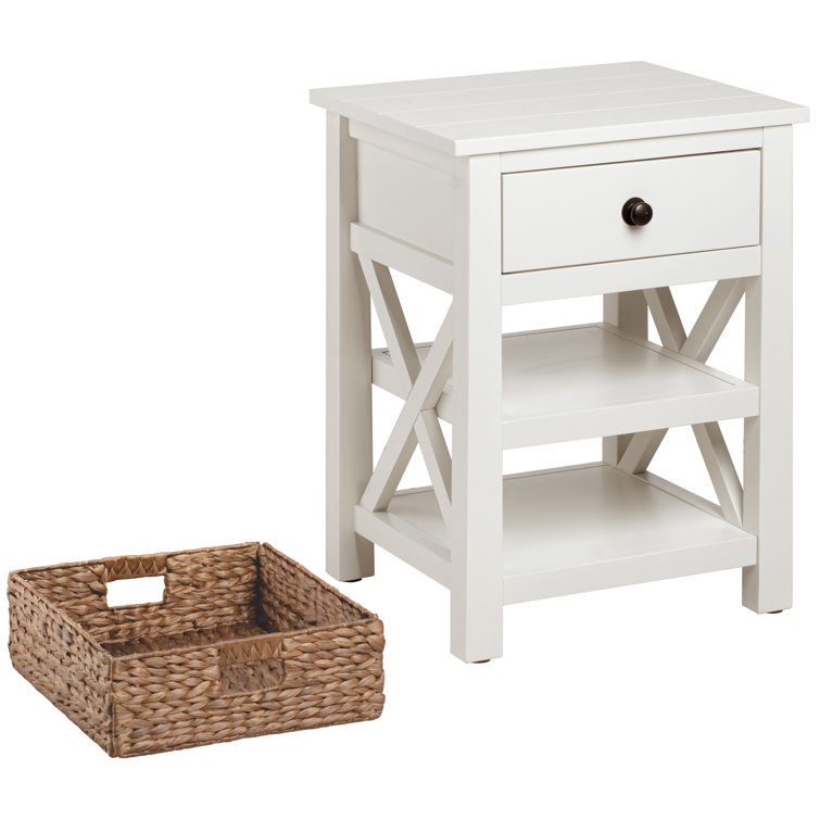 White Solid Wood End Table with Drawer and Wicker Basket