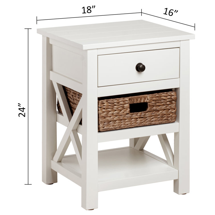 White Solid Wood End Table with Drawer and Wicker Basket
