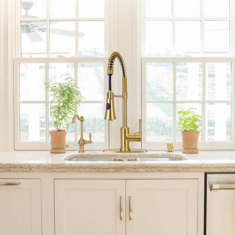 Brass Gold Single Handle Pull-Down Kitchen Faucet with Spray