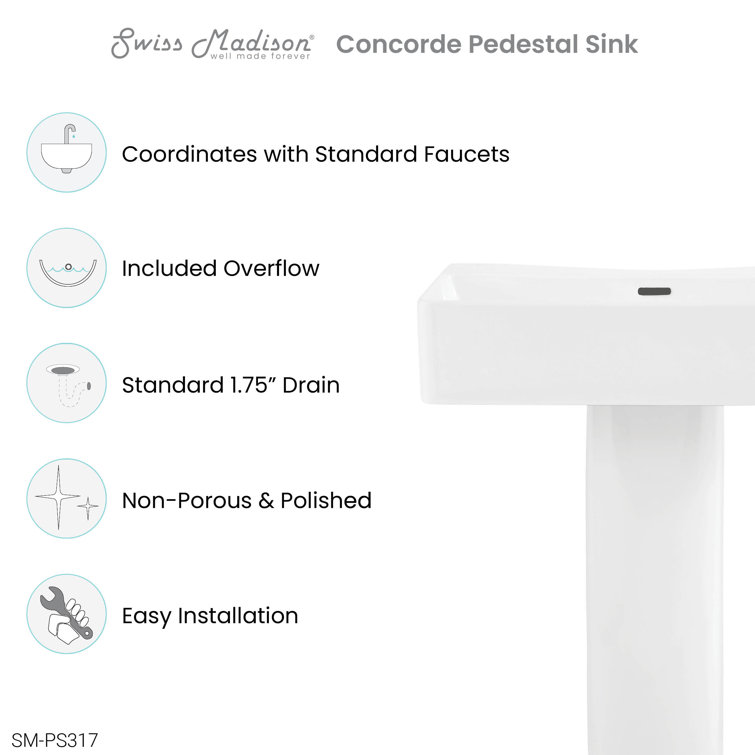 White Glossy Ceramic Square Pedestal Sink