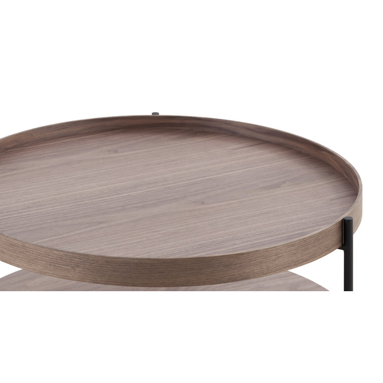 Walnut Round Solid Wood Coffee Table with Metal Legs and Storage