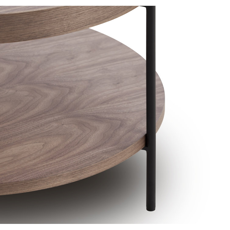 Walnut Round Solid Wood Coffee Table with Metal Legs and Storage