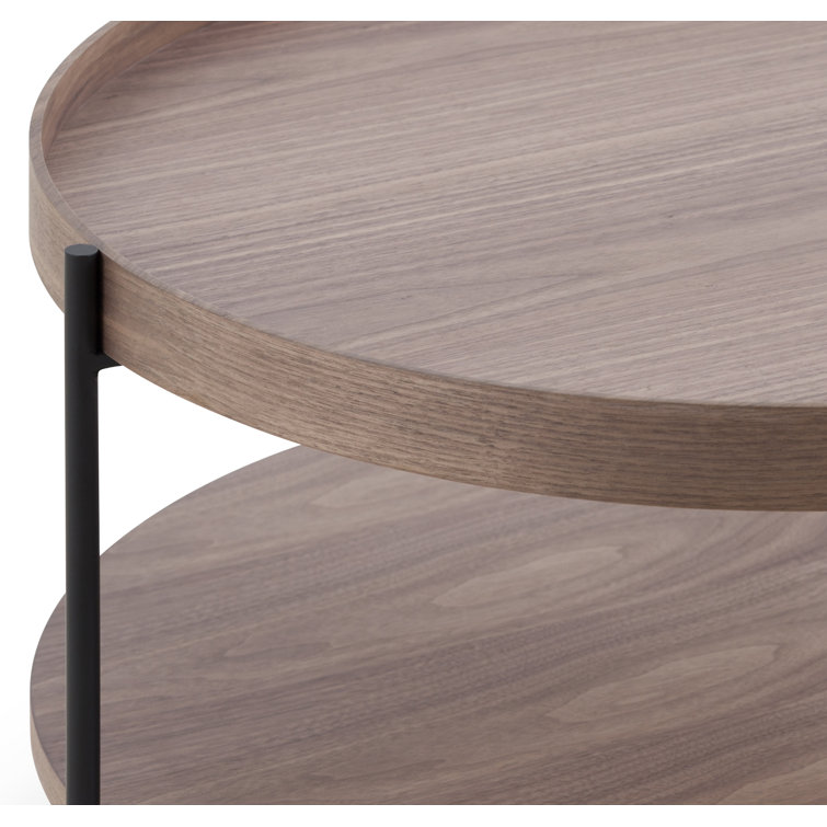Walnut Round Solid Wood Coffee Table with Metal Legs and Storage
