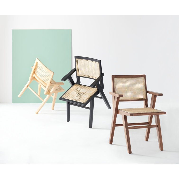 Elegant Coastal Black Wood and Natural Cane Armchair, 23"x33"