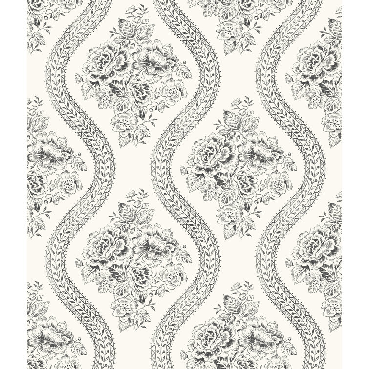 Black and Off-White Floral Vinyl Wallpaper