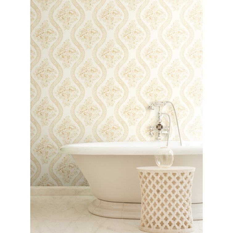 Yellow and Off-White Floral Pre-Pasted Vinyl Wallpaper