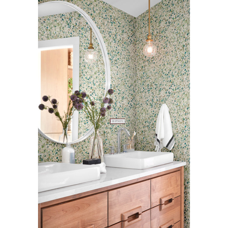 Green Floral Vinyl-Coated Removable Wallpaper