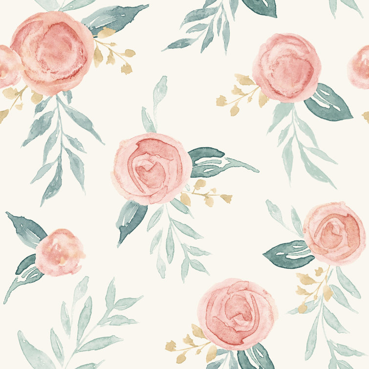 Red and Green Vinyl-Coated Watercolor Roses Wallpaper