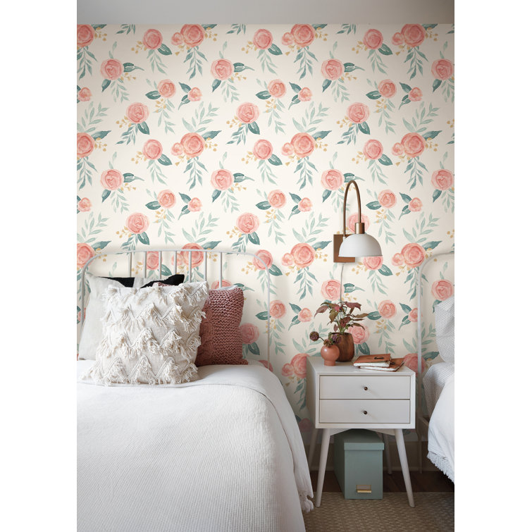 Red and Green Vinyl-Coated Watercolor Roses Wallpaper
