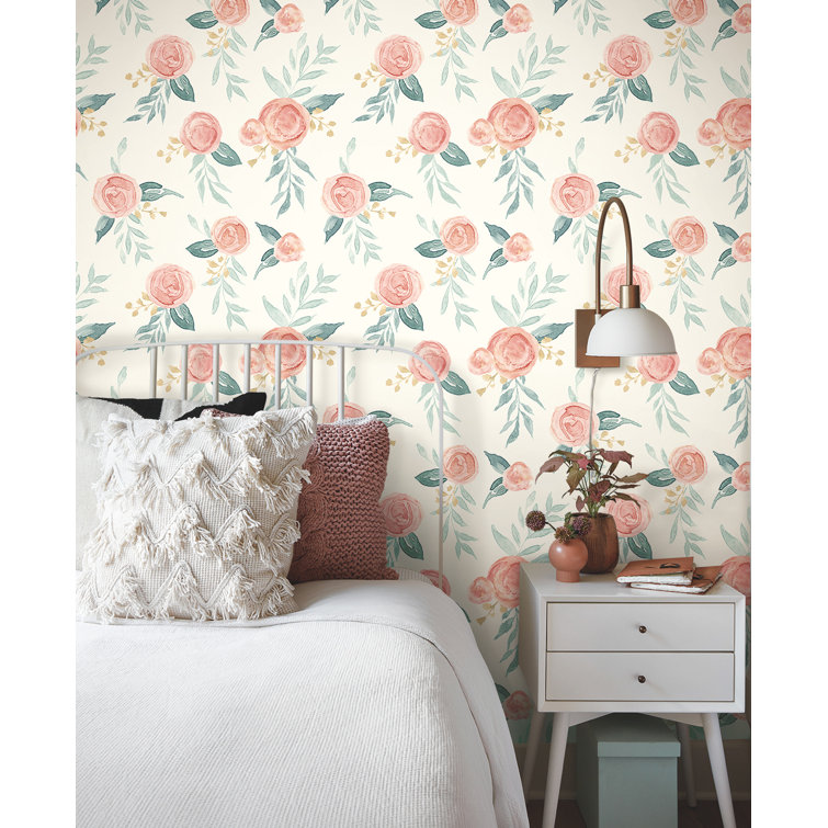 Red and Green Vinyl-Coated Watercolor Roses Wallpaper