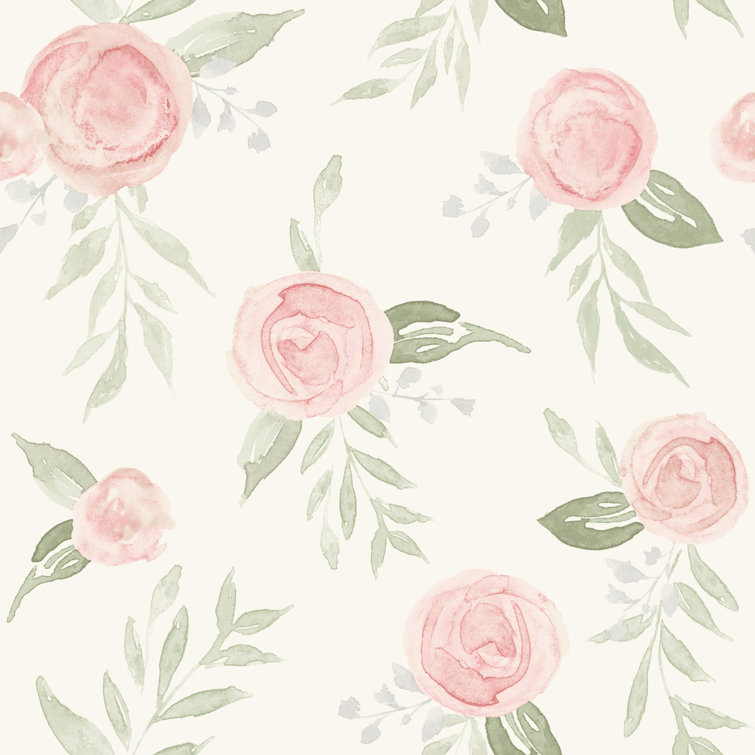 Coral Watercolor Roses Vinyl-Coated Removable Wallpaper