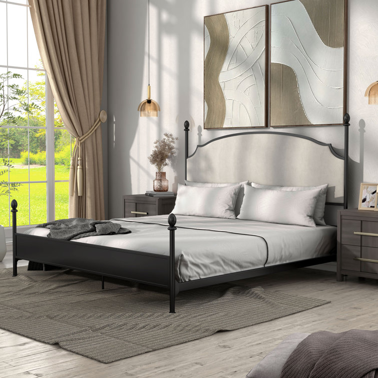 King Black Metal Four Poster Bed with Upholstered Headboard